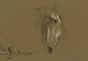 Don Quijote con alma búlgara. Rocinante IV. Tinta china y lápiz blanco, 70 x 100 cm. 2005
